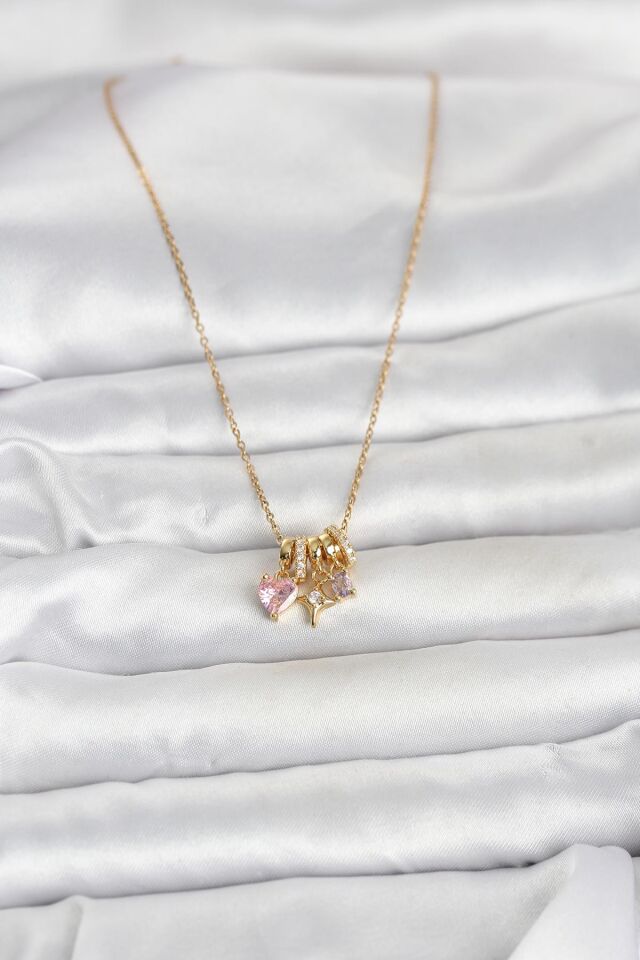 316L Çelik Gold Pembe Zirkon Taşlı Charmlı Kadın Kolye