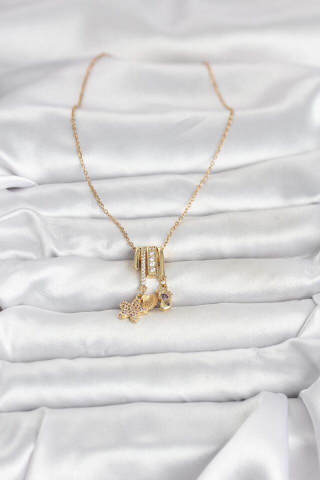 316L Çelik Gold Zirkon Taşlı Deniz Tema Charmlı Kadın Kolye