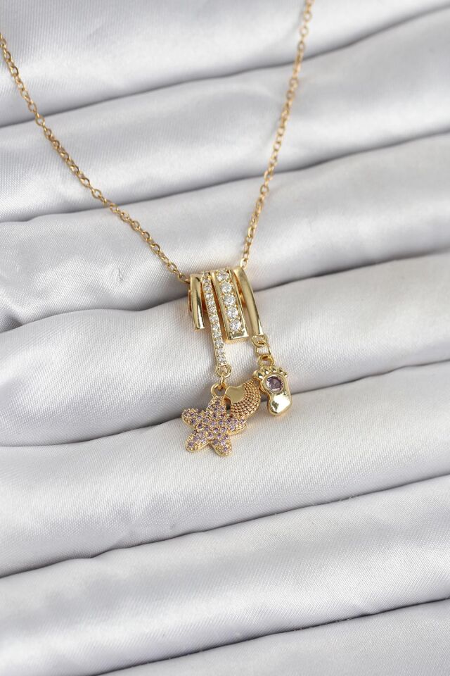 316L Çelik Gold Zirkon Taşlı Deniz Tema Charmlı Kadın Kolye