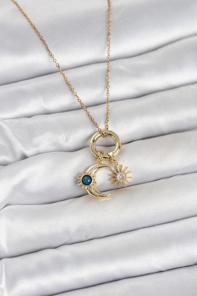 316L Çelik Gold Renk Gece Gündüz Tema Charmlı Kadın Kolye