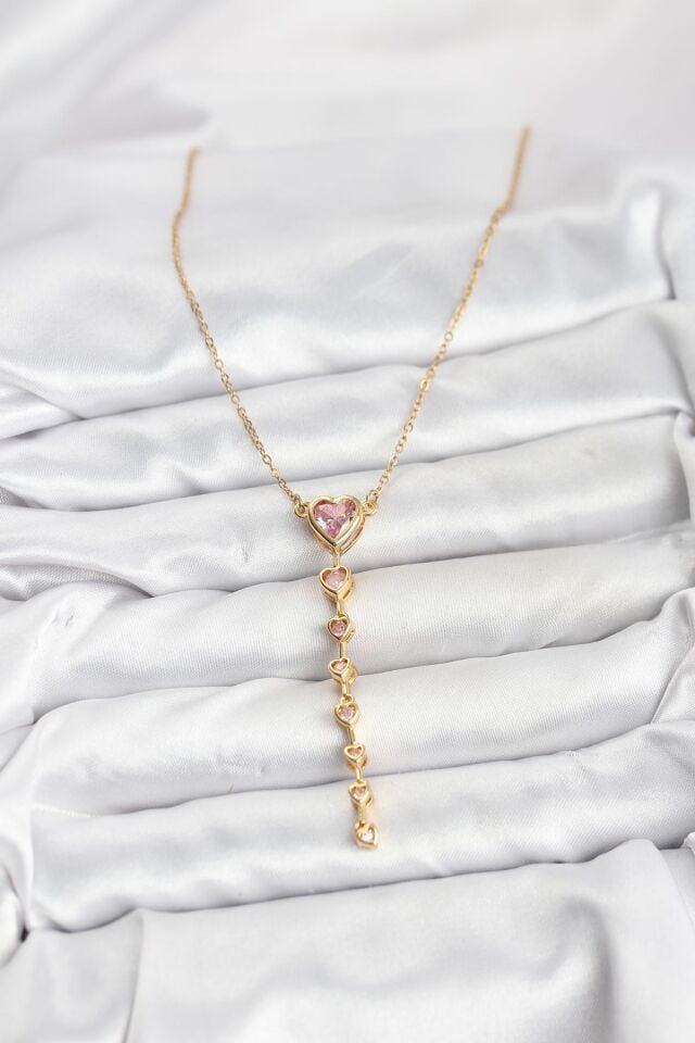 316L Çelik Zincir Gold Renk Pembe Kalp Kadın Kolye