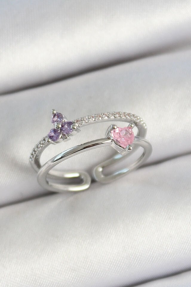 Pirinç Kalp Ve Çiçek Figürlü Zirkon Taşlı Gümüş Renk Ayarlanabilir Kadın Yüzük