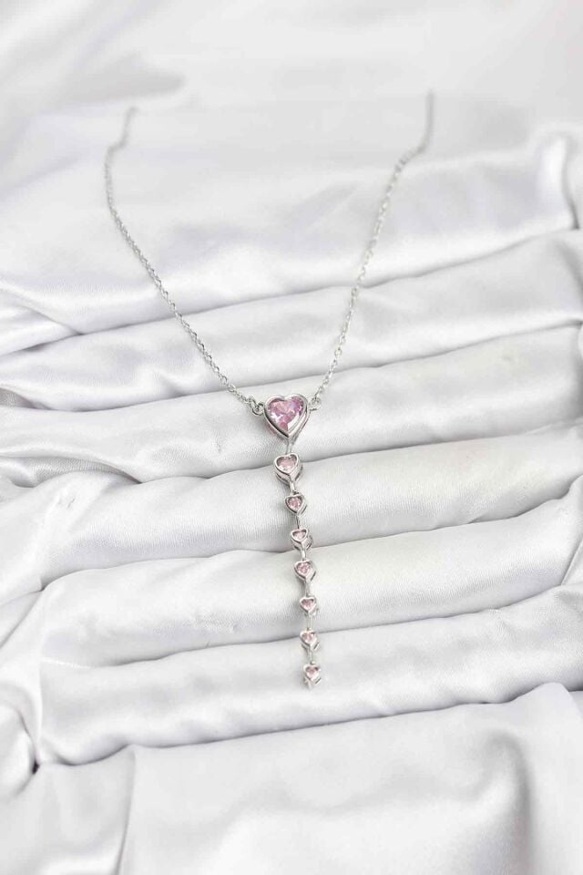 316L Çelik Zincir Gümüş Renk Pembe Kalp Kadın Kolye