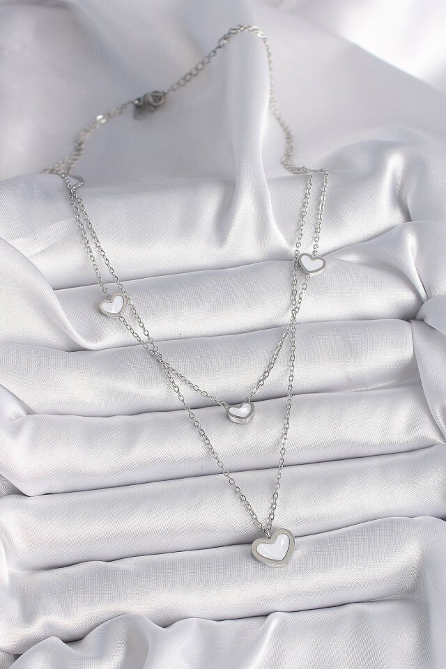 316L Çelik Gümüş Renk Zincir 2'Li Zincir Kalp Model Kadın Kolye
