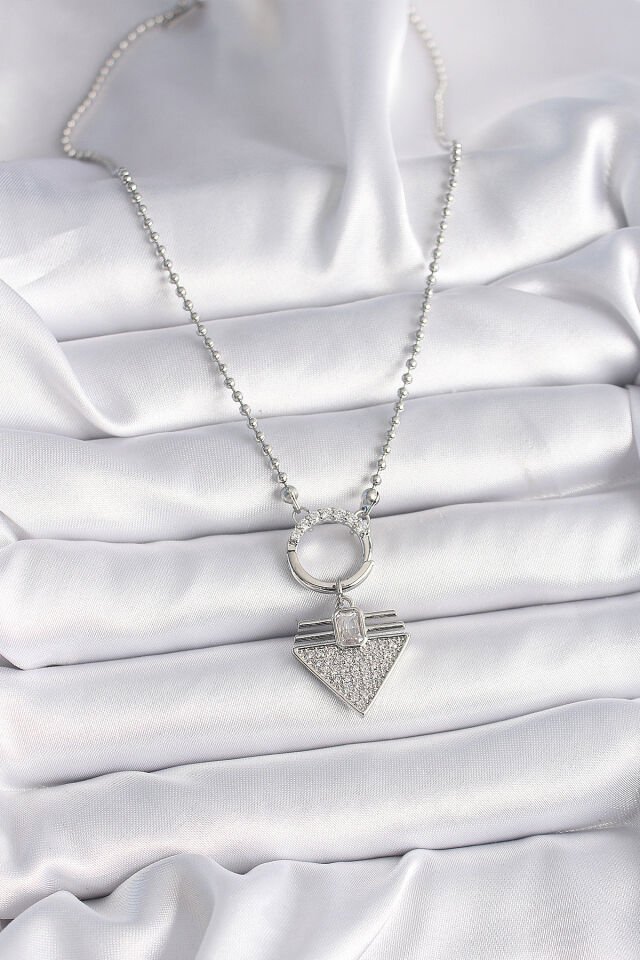 316L Çelik Gümüş Renk Topçuk Zincir Zirkon Taşlı Üçgen Model Kadın Kolye