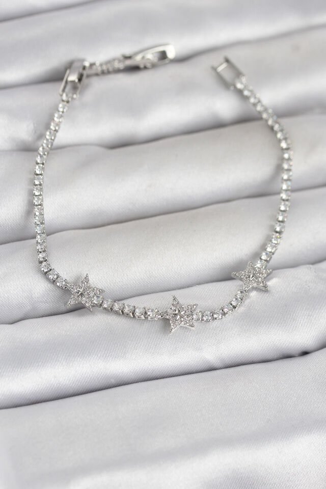 Pirinç Gümüş Renk Minimal Yıldız Model Zirkon Taşlı Su Yolu Kadın Bileklik