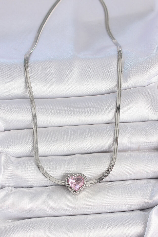 316L Çelik Gümüş Renk İtalyan Zincir Pembe Zirkon Taşlı Kalp Model Kadın Kolye