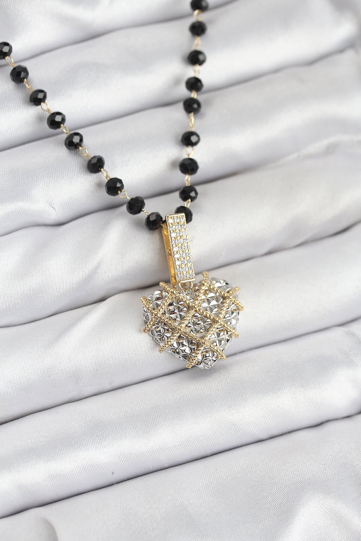 316L Çelik Zincir Kristal Boncuklu Kalpli Kadın Kolye