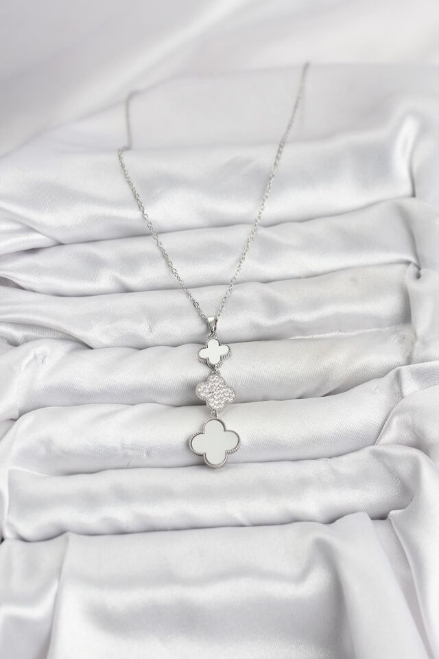 316L Çelik Zincir Gümüş Renk Yonca Detaylı Zirkon Taşlı Kadın Kolye