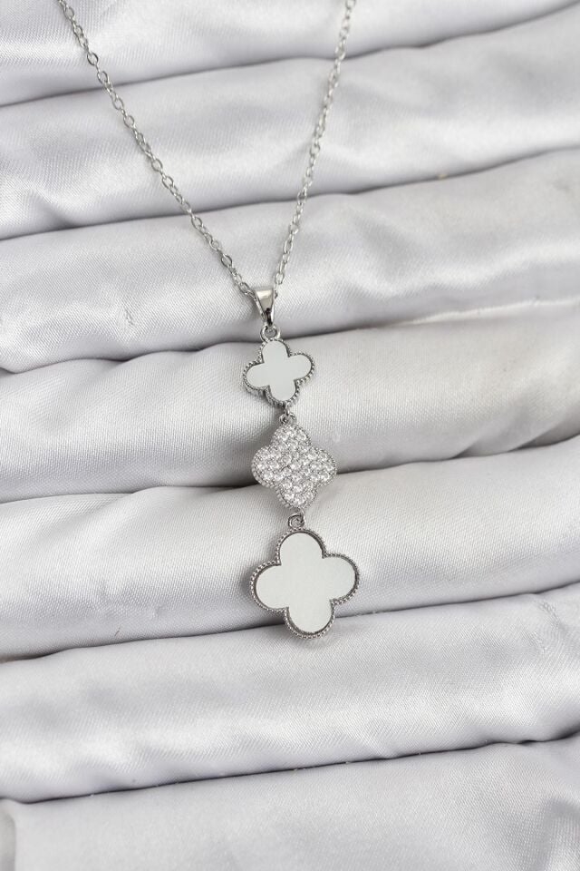 316L Çelik Zincir Gümüş Renk Yonca Detaylı Zirkon Taşlı Kadın Kolye