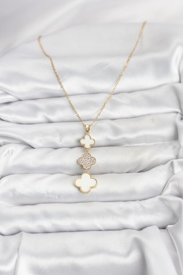 316L Çelik Zincir Gold Renk Yonca Detaylı Zirkon Taşlı Kadın Kolye