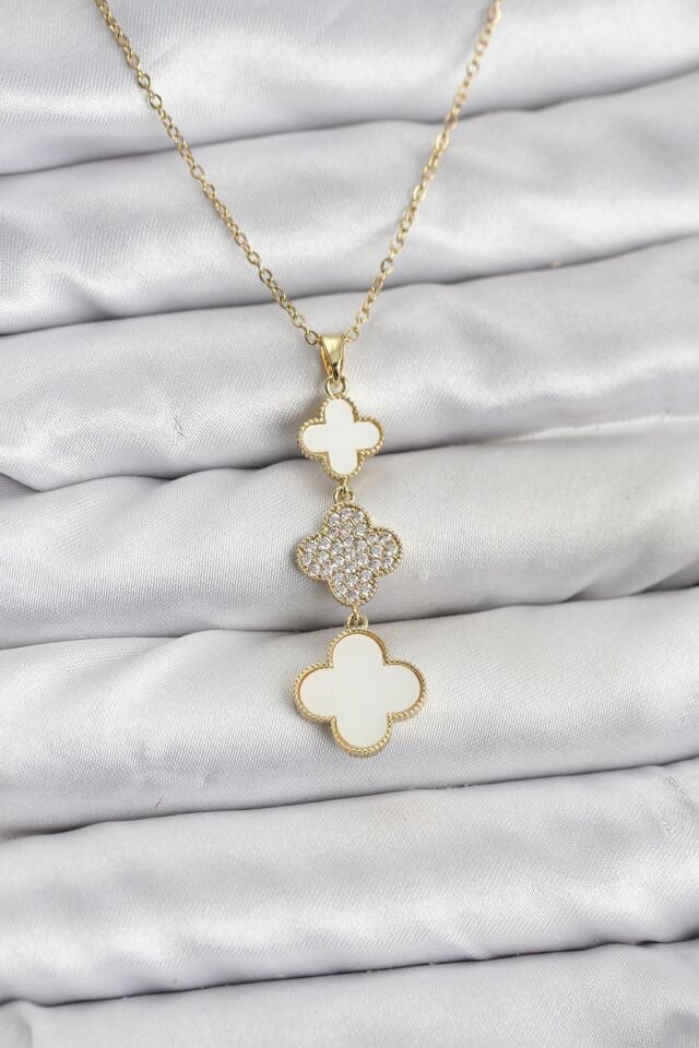 316L Çelik Zincir Gold Renk Yonca Detaylı Zirkon Taşlı Kadın Kolye