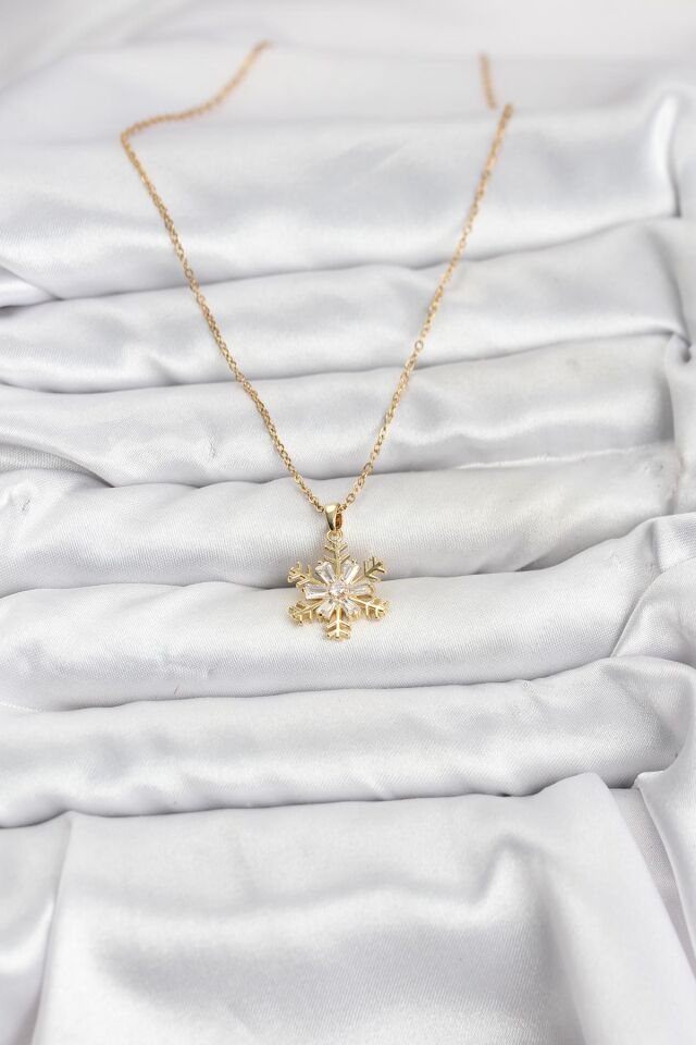 316L Çelik Zincir Gold Renk Kar Tanesi Model Zirkon Taşlı Kadın Kolye