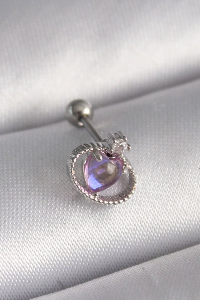 316L Çelik Gümüş Renk Mor Mineli Kalp Zirkon Taş Detay Tragus Piercing