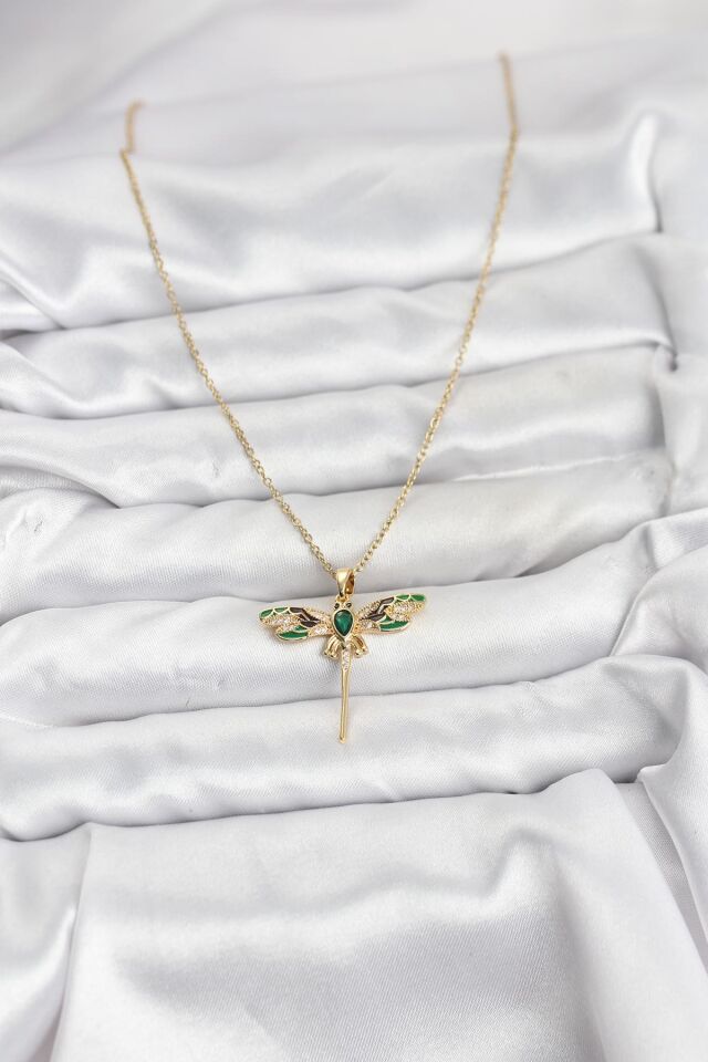 316L Çelik Zincir Gold Renk Yusufçuk Model Zirkon Taşlı Kadın Kolye