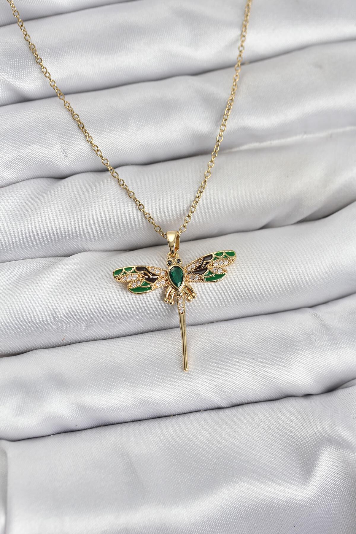 316L Çelik Zincir Gold Renk Yusufçuk Model Zirkon Taşlı Kadın Kolye