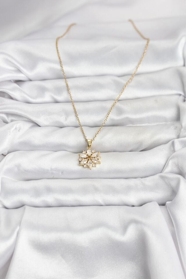 316L Çelik Zincir Gold Renk Lotus Model Zirkon Taşlı Kadın Kolye