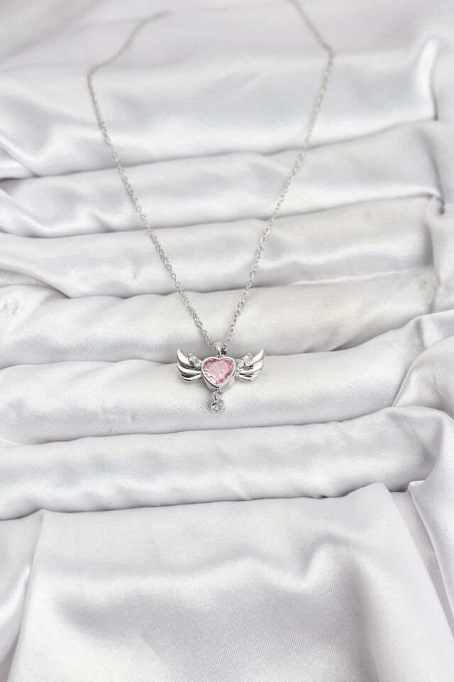 316L Çelik Zincir Gümüş Renk Kanatlı Kalp Model Zirkon Taşlı Kadın Kolye