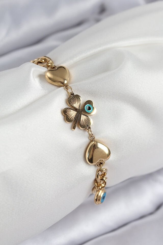 316L Çelik Nazar Boncuk Detaylı Yonca Model Gold Renk Kadın Bileklik