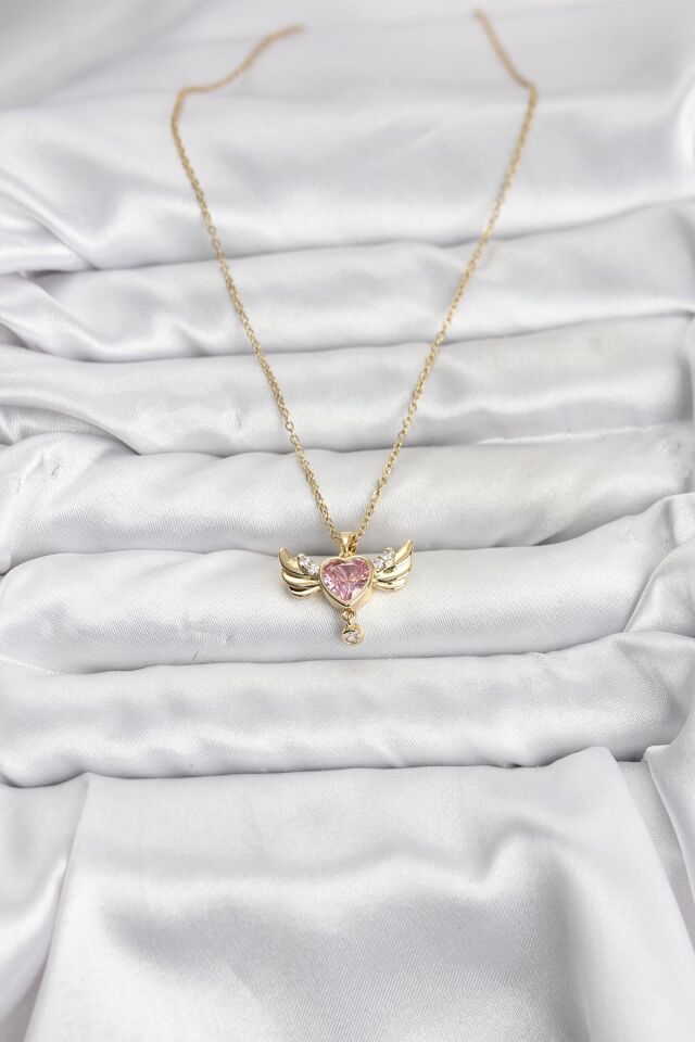 316L Çelik Zincir Gold Renk Kanatlı Kalp Model Zirkon Taşlı Kadın Kolye