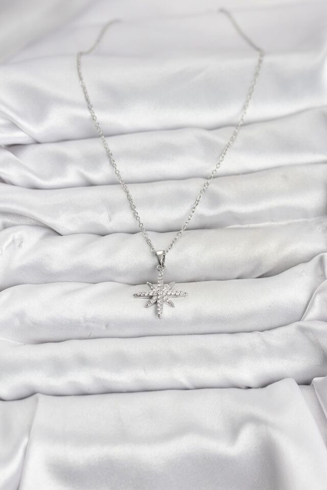 316L Çelik Zincir Gümüş Renk Kutup Yıldızı Model Zirkon Taşlı Kadın Kolye