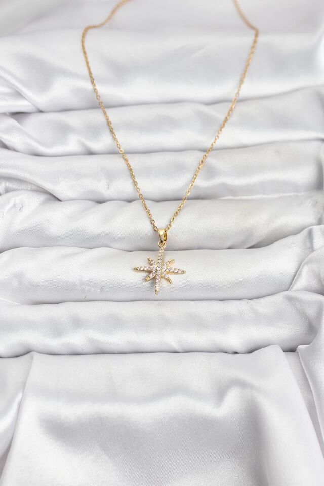 316L Çelik Zincir Gold Renk Kutup Yıldızı Model Zirkon Taşlı Kadın Kolye