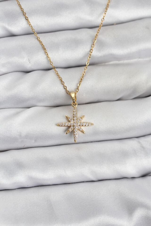 316L Çelik Zincir Gold Renk Kutup Yıldızı Model Zirkon Taşlı Kadın Kolye