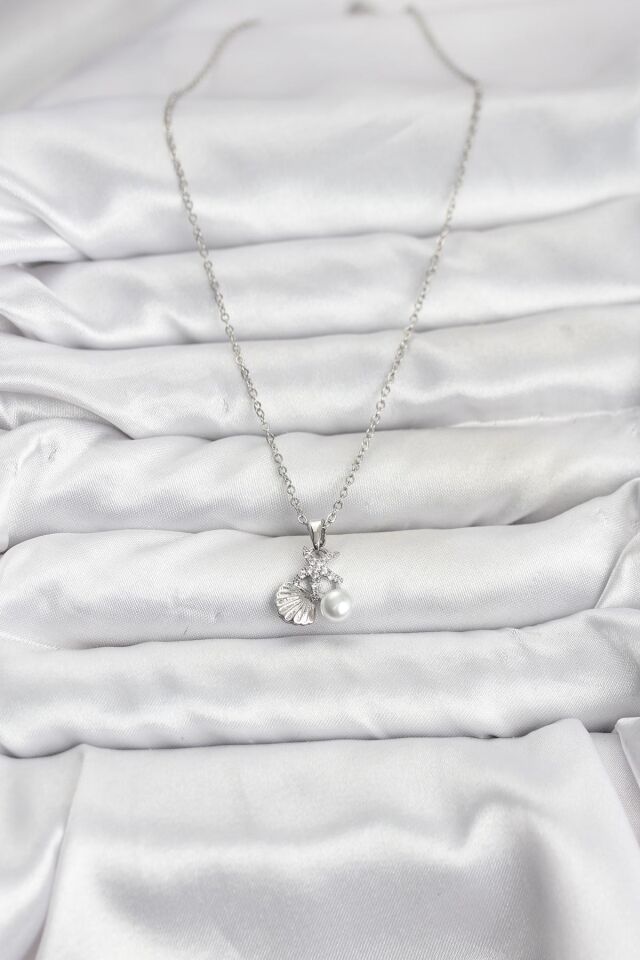 316L Çelik Zincir Gümüş Renk Deniz Kabuğu ve Deniz Yıldızı Model Zirkon Taşlı Kadın Kolye