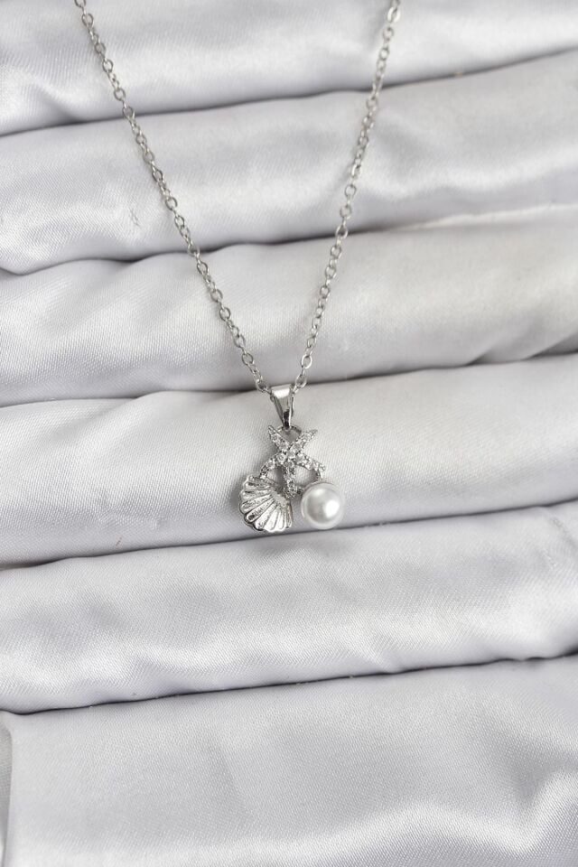 316L Çelik Zincir Gümüş Renk Deniz Kabuğu ve Deniz Yıldızı Model Zirkon Taşlı Kadın Kolye