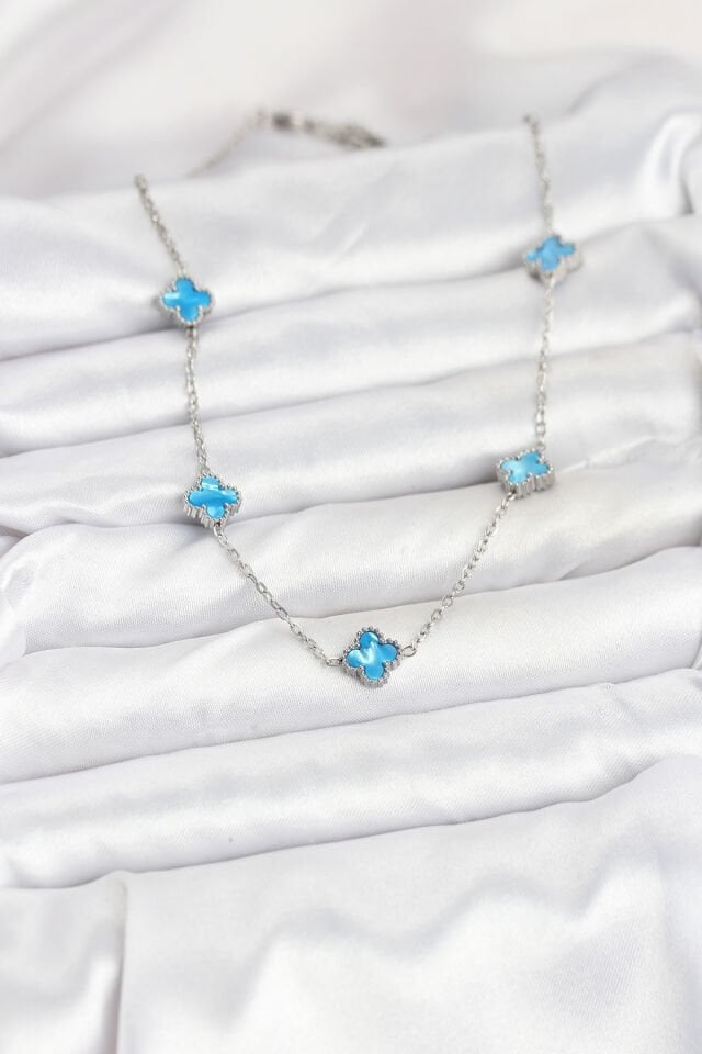 316L Çelik Zincir Gümüş Renk Buz Mavisi Baby Boy Yonca Kadın Kolye