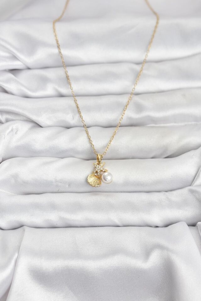 316L Çelik Zincir Gold Renk Deniz Kabuğu ve Deniz Yıldızı Model Zirkon Taşlı Kadın Kolye