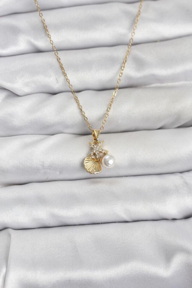 316L Çelik Zincir Gold Renk Deniz Kabuğu ve Deniz Yıldızı Model Zirkon Taşlı Kadın Kolye