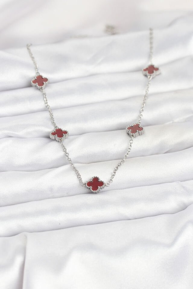 316L Çelik Zincir Gümüş Renk Bordo Baby Boy Yonca Kadın Kolye