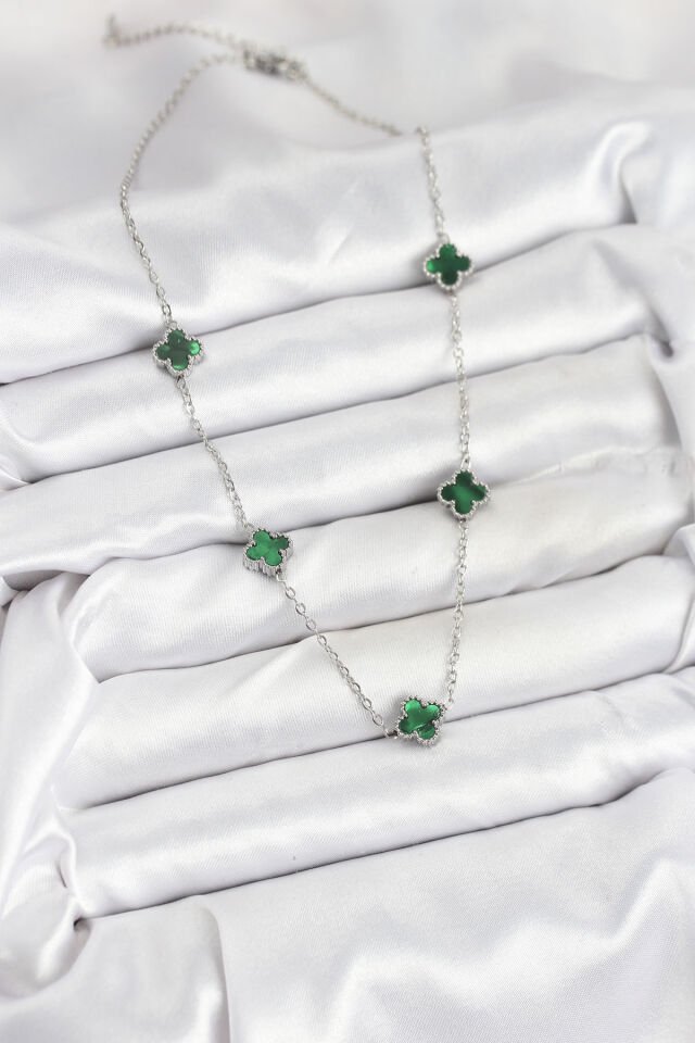 316L Çelik Zincir Gümüş Renk Yeşil Baby Boy Yonca Kadın Kolye