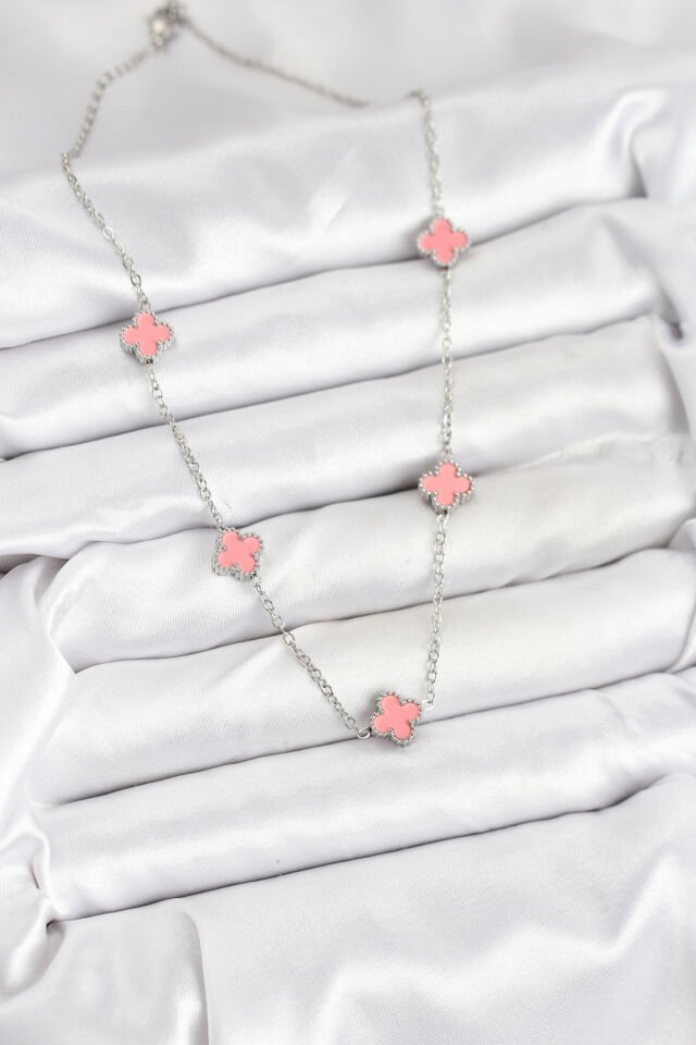 316L Çelik Zincir Gümüş Renk Pembe Baby Boy Yonca Kadın Kolye