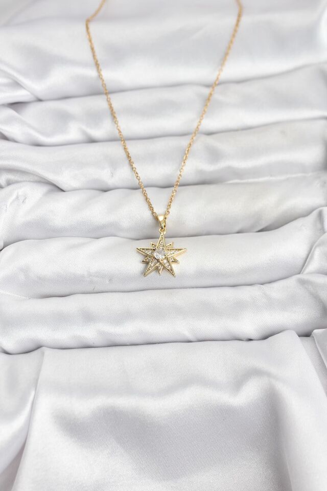 316L Çelik Zincir Gold Renk Yıldız Model Zirkon Taşlı Kadın Kolye