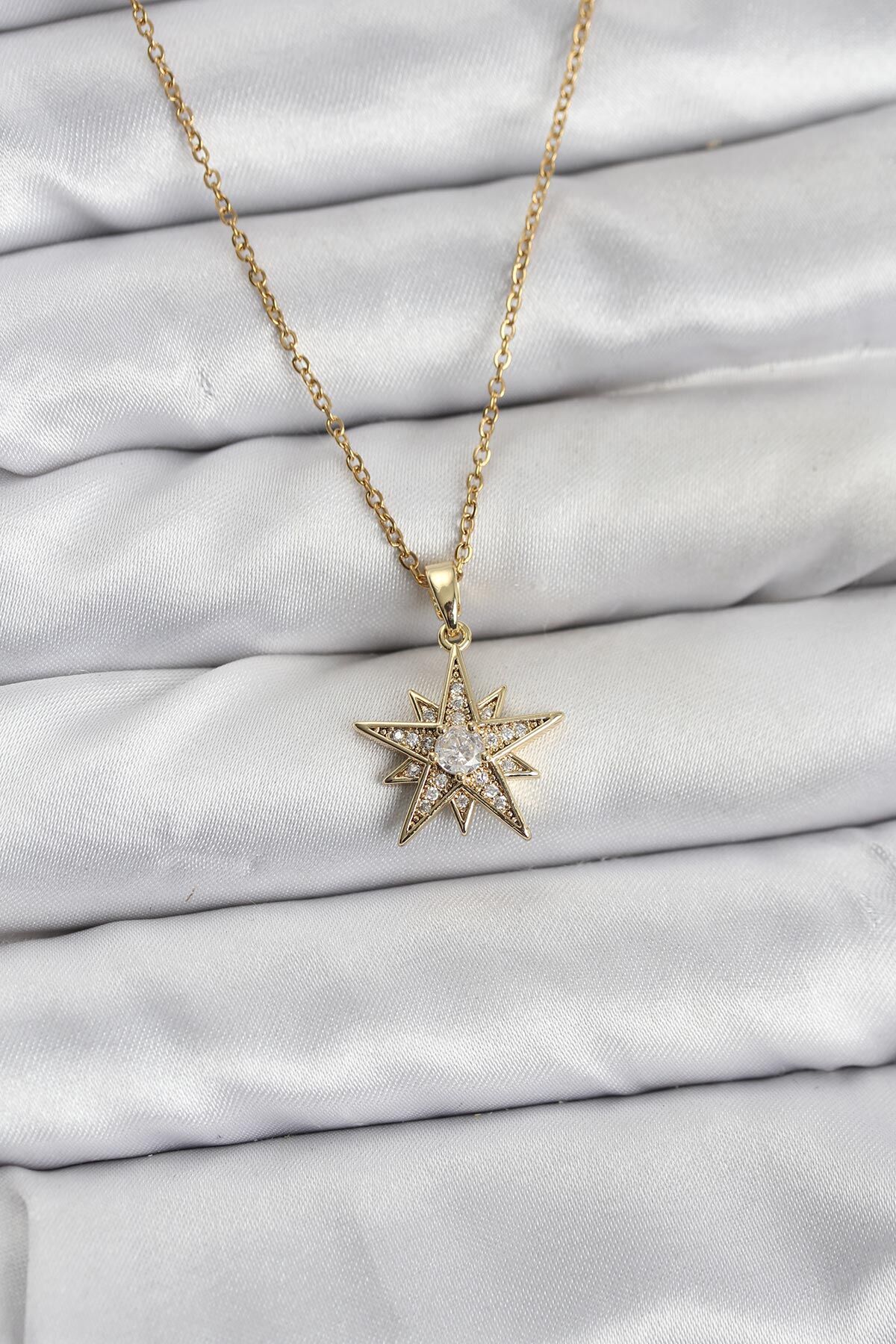 316L Çelik Zincir Gold Renk Yıldız Model Zirkon Taşlı Kadın Kolye