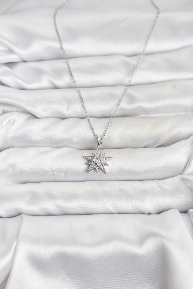 316L Çelik Zincir Gümüş Renk Yıldız Model Zirkon Taşlı Kadın Kolye