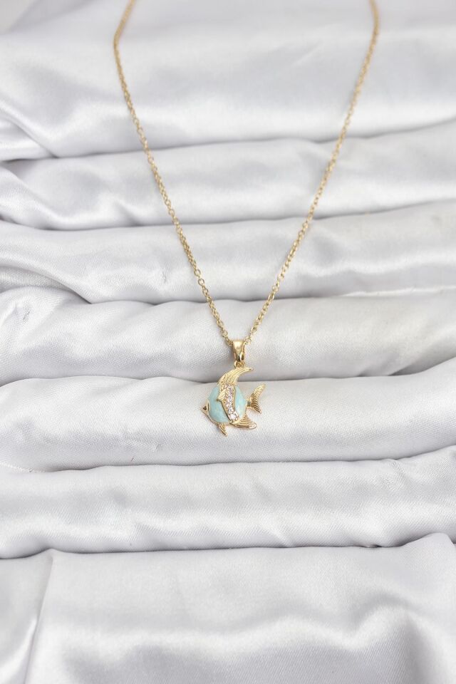 316L Çelik Zincir Gold Renk Balık Model Zirkon Taşlı Kadın Kolye