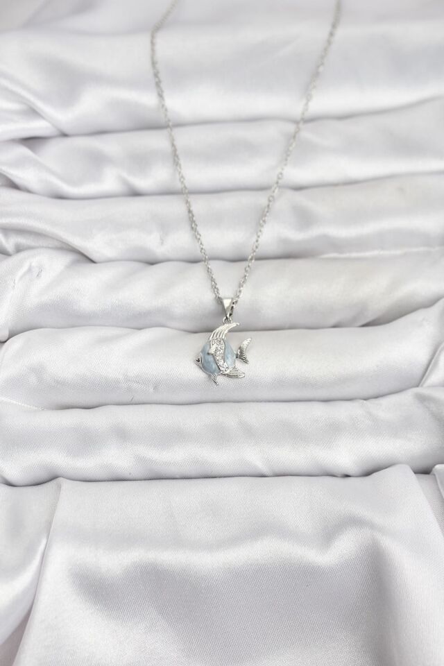 316L Çelik Zincir Gümüş Renk Balık Model Zirkon Taşlı Kadın Kolye