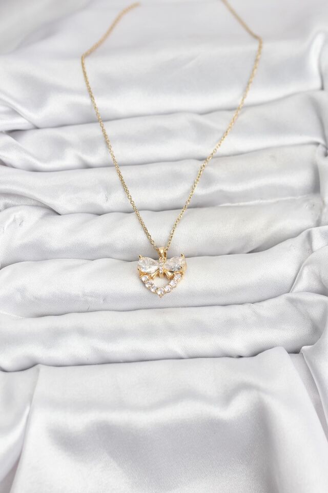 316L Çelik Zincir Gold Renk Kalp ve Fiyonk Model Zirkon Taşlı Kadın Kolye