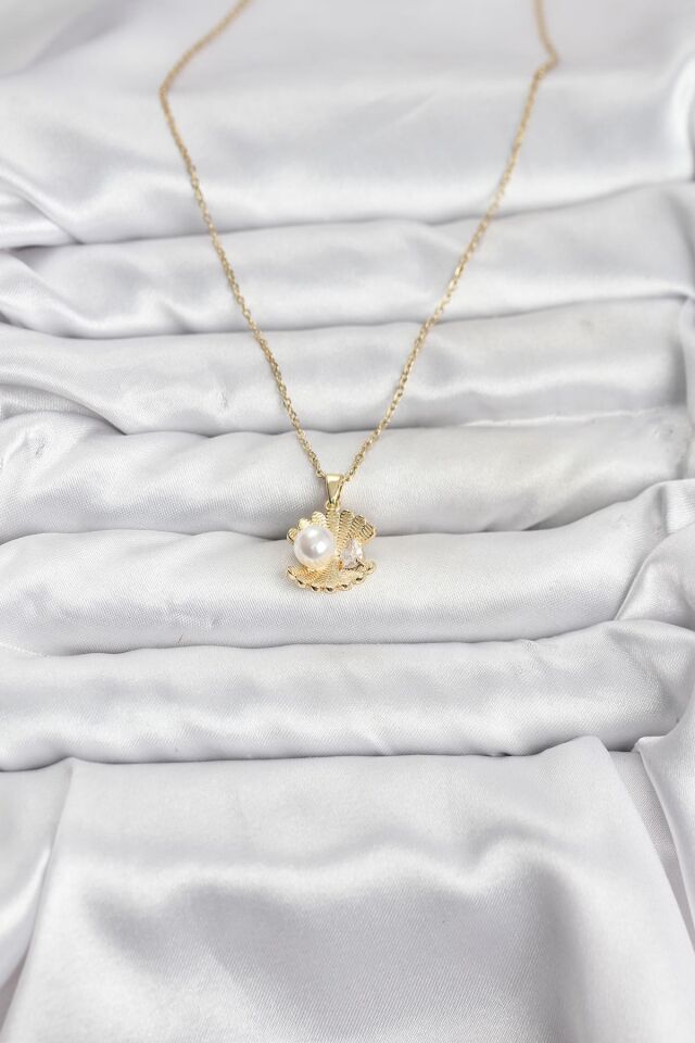 316L Çelik Zincir Gold Renk İstiridye İnci Model Zirkon Taşlı Kadın Kolye