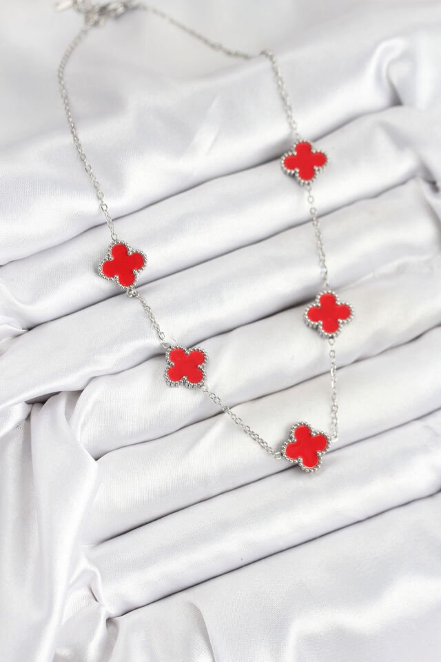 316L Çelik Zincir Gümüş Kırmızı Renk Yonca Kadın Kolye