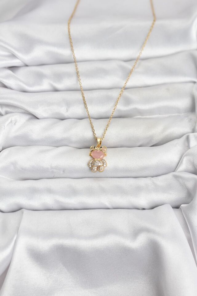 316L Çelik Zincir Gold Renk Teddy Bear Model Zirkon Taşlı Kadın Kolye