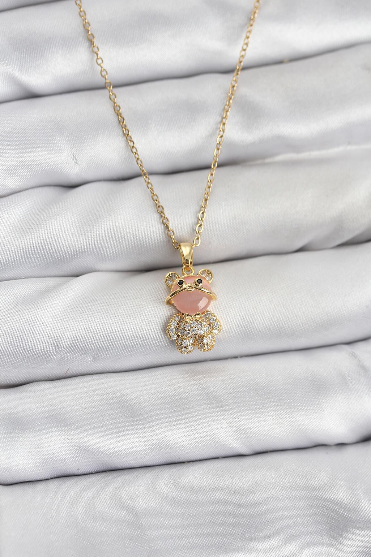 316L Çelik Zincir Gold Renk Teddy Bear Model Zirkon Taşlı Kadın Kolye