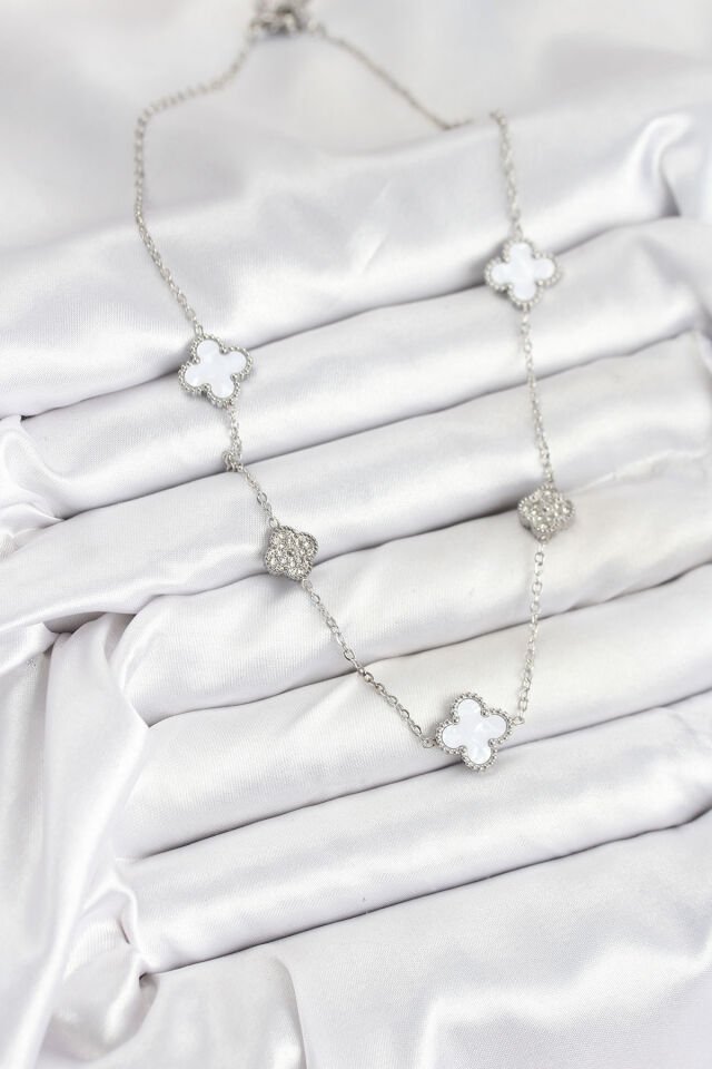 316L Çelik Zincir Gümüş Renk Beyaz ve Zirkon Taşlı Yonca Kadın Kolye