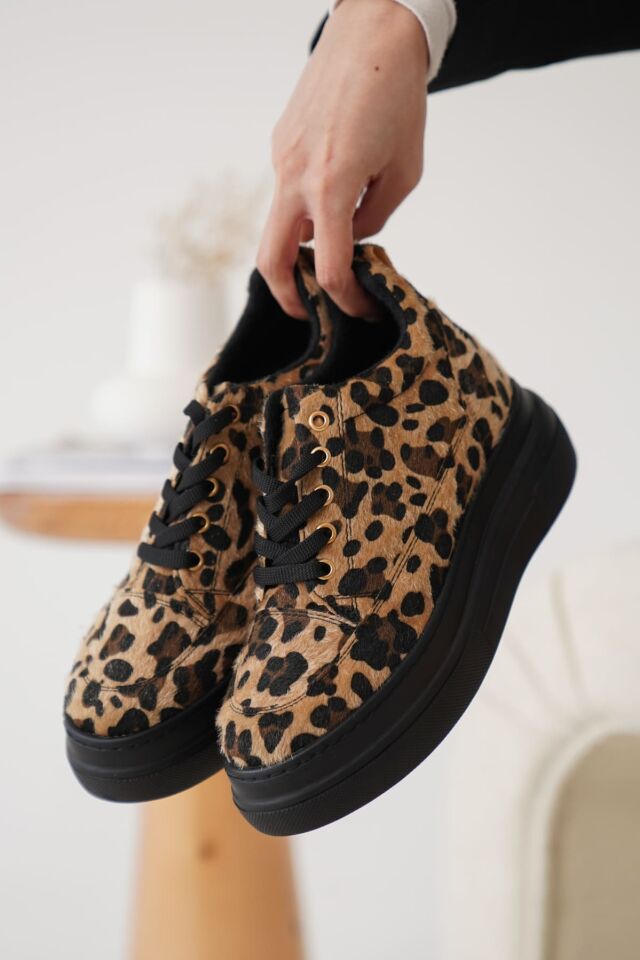 Kadın Gizli Topuk Siyah Taban Leopar Spor Ayakkabı TR10MS01K