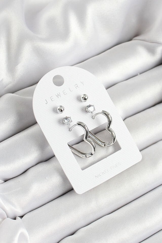 Pirinç Zirkon Taş Ve Kalp Figürlü Gümüş Renk 3'lü Çift Kadın Küpe Set