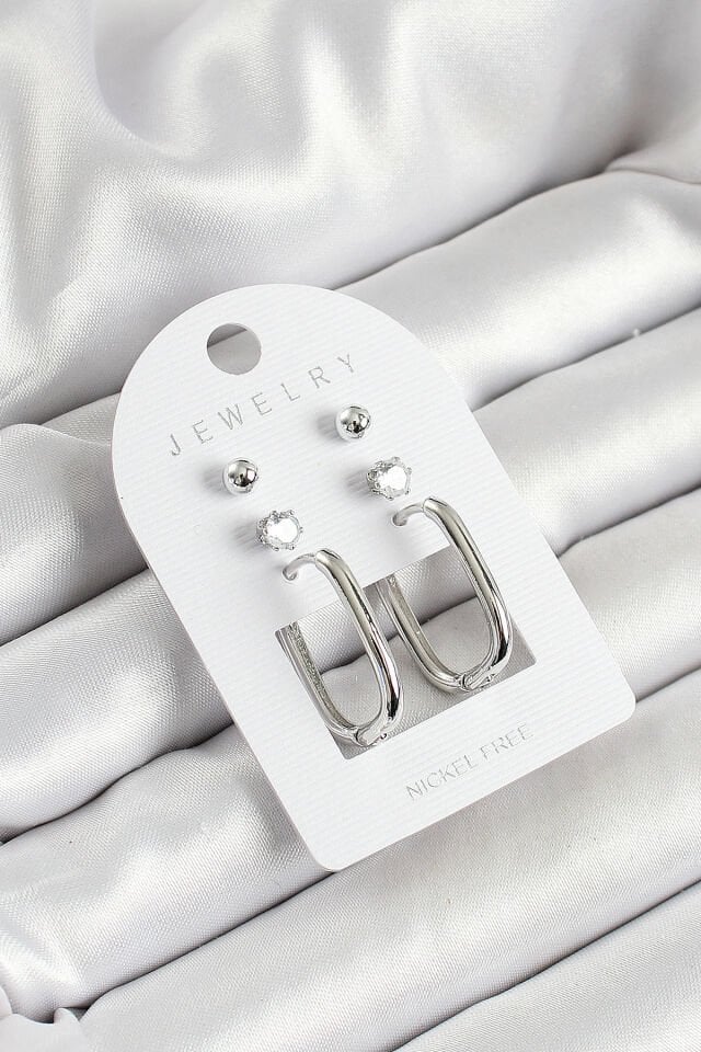 Pirinç Zirkon Taş Ve Dikdörtgen Figürlü Gümüş Renk 3'lü Çift Kadın Küpe Set