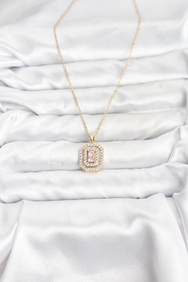 316L Çelik Zincir Gold Renk Plaka Model Zirkon Taşlı Kadın Kolye